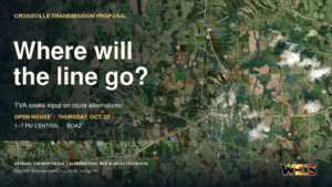 TVA aerial map detail showing alternative Crossville transmission routes beneath the headline “Where will the line go?” with WEIS branding.