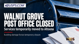 Walnut Grove Post Office header announcing the temporary move to Altoona, with WEIS branding.