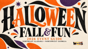 Halloween events guide with orange, black, and purple lettering, a 2026 event guide subtitle, and WEIS branding.