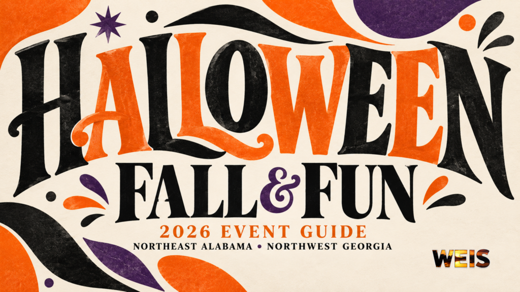 Halloween events guide with orange, black, and purple lettering, a 2026 event guide subtitle, and WEIS branding.