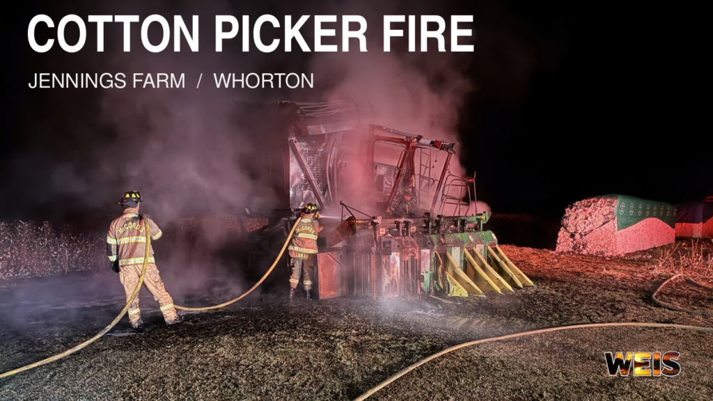 McCord’s Crossroads firefighters respond to a cotton picker fire at Jennings Farm in Whorton, with a nearby cotton module visible.