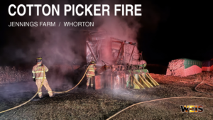 McCord’s Crossroads firefighters respond to a cotton picker fire at Jennings Farm in Whorton, with a nearby cotton module visible.